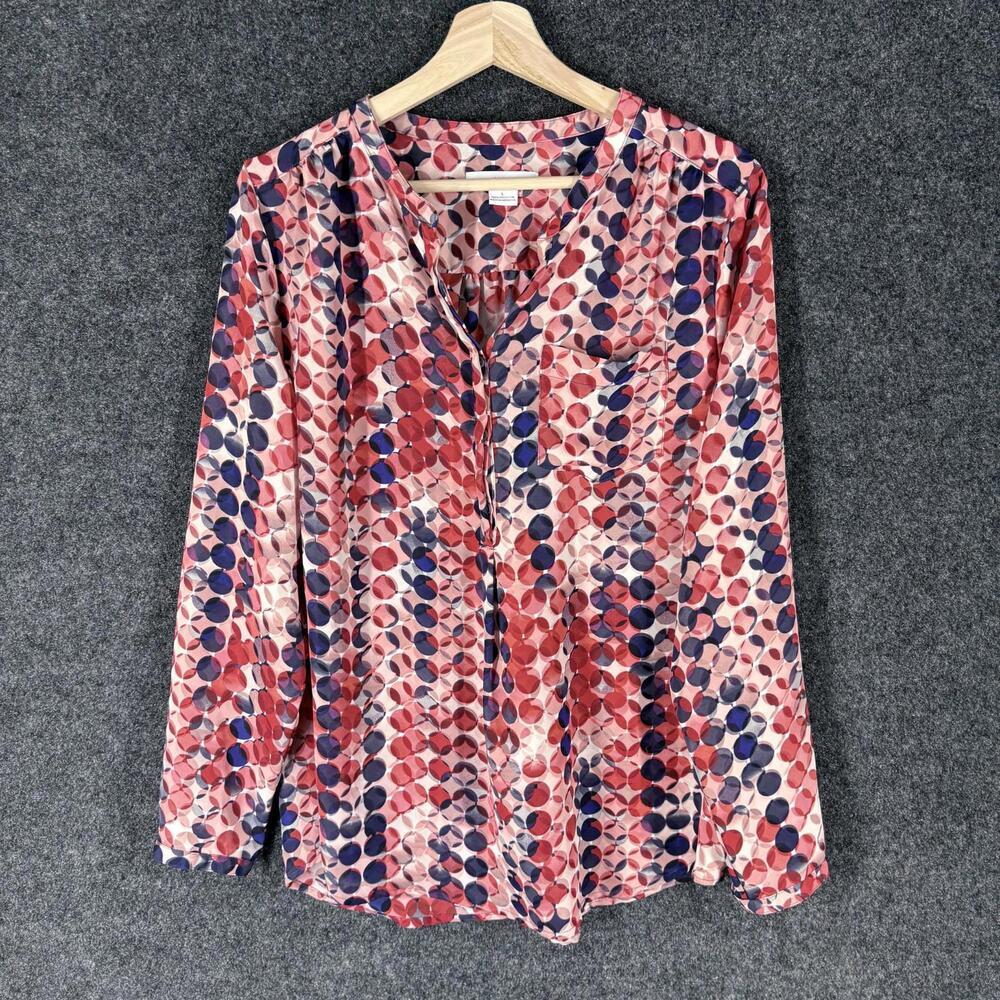 Liz Claiborne Blouse Women L Large Pink Polka Dot V-Neck 1/2 Button Long Sleeve